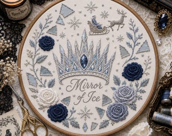 May include: A circular embroidery hoop featuring a central crown design with a blue gemstone, surrounded by embroidered roses in shades of blue and white, snowflakes, and a sleigh. The text Mirror of Ice is stitched in the center in cursive.