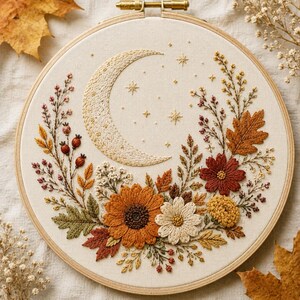 Puede incluir: Un bastidor de bordado circular de madera con un panel de tela color crema. La tela presenta una luna creciente bordada a mano, pequeñas estrellas y un arreglo floral de temática otoñal con girasoles, margaritas y hojas secas.
