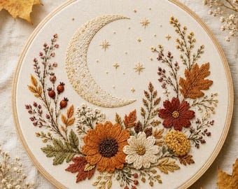 Broderimönster med halvmåne och blommor | Transfer med himmelsk vildblomma | Botanisk broderidesign | Gör-det-själv-handbroderi