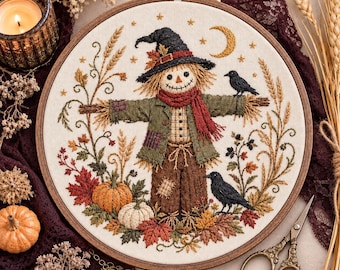 Scarecrow Harvest Stick & Stitch Hand Embroidery Transfer | Autumn Wash Away Embroidery Pattern | Fall Harvest Embroidery