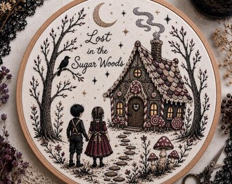 May include: A circular embroidery hoop featuring a stitched scene of two children standing before a gingerbread house in a forest. The text reads Lost in the Sugar Woods. The design includes a crescent moon, stars, trees, mushrooms, and a bird.