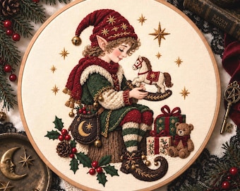 May include: A circular embroidery hoop featuring a detailed stitched illustration of an elf in a red hat and green tunic, holding a small rocking horse. The scene includes a teddy bear, wrapped gifts, holly, and gold stars on a cream fabric.