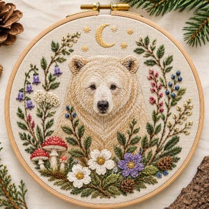 May include: A circular embroidery hoop featuring a detailed thread-stitched portrait of a light brown bear surrounded by a wreath of green foliage, red-capped mushrooms, white and purple flowers, blue berries, pinecones, and a golden crescent moon.