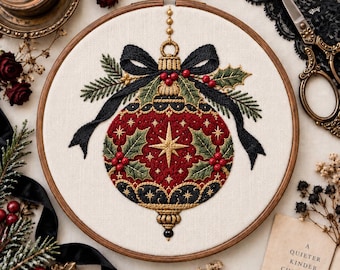Vintage Christmas Ornament Embroidery Pattern | Gothic Holiday Ornament | Holly & Black Bow Hand Embroidery Design