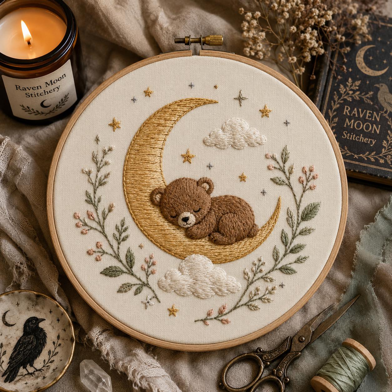 Sleeping Bear Moon Embroidery Pattern Peel Stick and Stitch Transfer Woodland Nursery Wash Away Embroidery Stencil