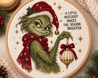 Green Winter Mischief Hand Embroidery Transfer | Christmas Ornament Physical Stick & Stitch Pattern | Christmas Imp Design