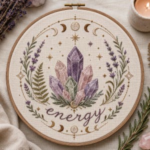Crystal Energy Embroidery Pattern | Peel Stick and Stitch Transfer | Moon Phase | Crystal Wash Away Embroidery Stencil