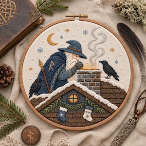 Patrón de bordado del Reloj de Navidad de Odín / Transferencia adhesiva y cosida de invierno nórdico / Plantilla de bordado lavable