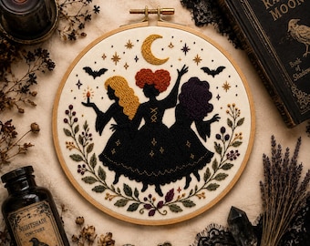 Three Witch Sisters Stick & Stitch Embroidery Pattern | Moonlit Witch Wash Away Transfer | Halloween Embroidery Design
