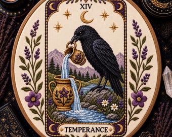May include: A circular embroidery hoop featuring a black raven pouring water from a small pitcher into a larger vessel. The scene includes mountains, a river, and purple floral borders. The text XIV and TEMPERANCE are stitched in black.