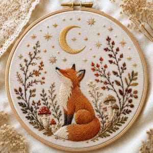 Peut inclure: Un tambour à broder circulaire contenant un panneau en tissu avec un motif cousu à la main représentant un renard assis parmi des champignons et du feuillage. Au-dessus du renard, un croissant de lune doré et des étoiles sont brodés.