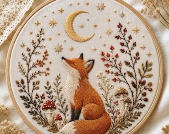 May include: A circular embroidery hoop containing a fabric panel with a hand-stitched design of a fox sitting among mushrooms and foliage. Above the fox, a golden crescent moon and various star shapes are embroidered on the off-white fabric.
