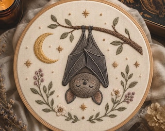 Bat Moon Embroidery Pattern | Peel Stick and Stitch Transfer | Halloween Wash Away Embroidery Stencil