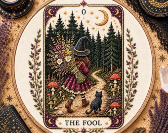 The Fool Tarot Embroidery Transfer | Witchy Forest Wash Away Pattern | Gothic Tarot Hand Embroidery