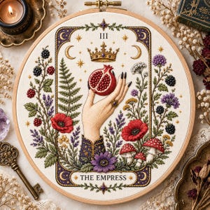 Op de afbeelding: Een ronde borduurring met een tarotkaartontwerp getiteld The Empress. Het kunstwerk toont een hand die een gehalveerde granaatappel onder een kroon vasthoudt, omringd door gedetailleerde botanische elementen zoals rode klaprozen, bramen en paddenstoelen.