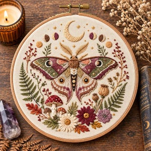 Patrón de bordado de polilla celestial / Diseño de polilla lunar / Transferencia de bordado a mano floral con setas / Bordado gótico / Decoración de bruja