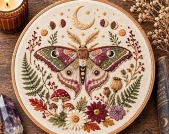 Broderimönster med himmelsk mal | Månmaldesign | Handbroderiöverföring med svampblommor | Gotiskt broderi | Häxdekor