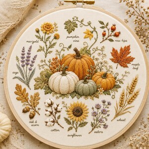 May include: A circular embroidery hoop featuring detailed botanical stitching of pumpkins, marigolds, sage, rose hips, maple leaves, oak and acorns, cotton, sunflowers, asters, and wheat, with each plant labeled in black text on a cream fabric background.