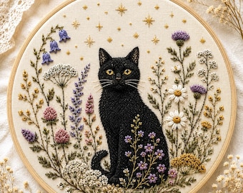 May include: A circular embroidery hoop containing a hand-stitched design of a black cat sitting amidst a variety of colorful wildflowers and green foliage. The background fabric is off-white and features embroidered gold stars above the cat.