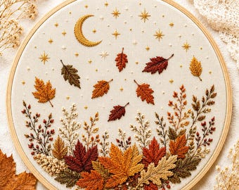 Broderimönster med höstlöv | Handbroderidesign med höstmåne och stjärnor | Transfer med skal och stick | Botaniskt mönster