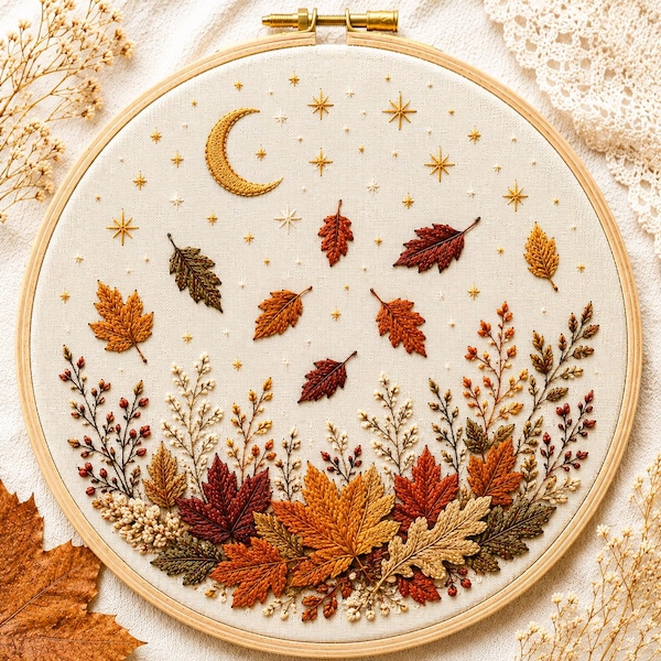 Autumn Leaves Embroidery Pattern | Fall Moon and Stars Hand Embroidery Design | Peel Stick and Stitch Transfer | Botanical Pattern