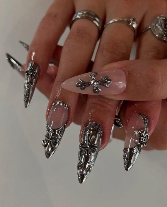 Vintage Cross Press On Nails / Chrome Silver Gothic Nails / Baroque Stiletto Nails / Medieval Aesthetic Nail Art / Dark Glam Nails