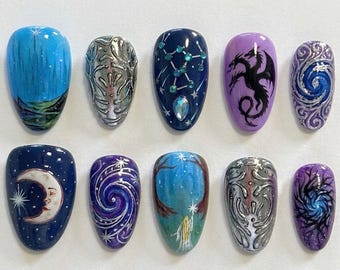Celestial Galaxy Press On Nails / Moon Star Nails / Dragon Fantasy Nails / Zodiac Constellation Nails / Mystical Space Nail Art