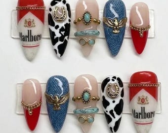 Handmade Western Cowgirl Press On Nails / Cow Print Denim Turquoise Horseshoe Eagle Red French Art / Rodeo Boho Stiletto Reusable Fake Nails