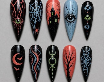 Handgemaakte neon Halloween plaknagels / Boze oog spookhuis spinnenweb maan vleermuis kunst / Gotische lange stiletto herbruikbare nepnagels