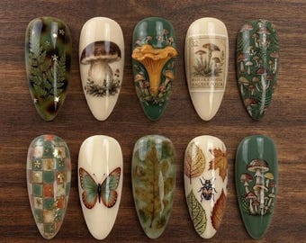 Handgemaakte vintage nepnagels met paddenstoelenmotief / Botanische bosnagels / Cottagecore bosnagels / Natuurlijke paddenstoelnagels / Herfst nepnagels