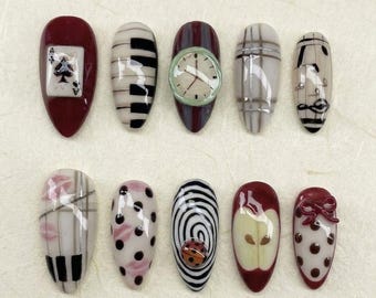 Handmade Vintage Nails / Retro Aesthetic / Piano Music Clock Apple Design / Minimalist Art Nails / Unique Press On Nails Set
