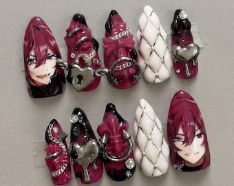 Donkere anime pers op nagels / Magenta Goth Heart Lock-nagels / Gewatteerde ketting spike-nagels / Alternatieve handgemaakte nepnagels