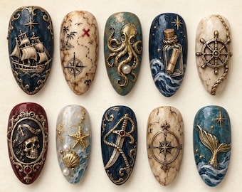 Pirate Press On Nails / Nautical Nails / Pirate Ship / Treasure Map / Octopus / Compass / Skull / Handmade Ocean Nail Art