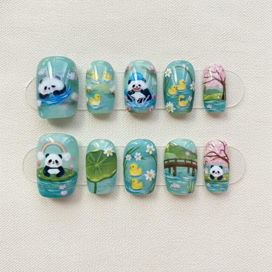 Cute Panda Press on Nails / Pastel Nature Cartoon Nails / Handmade ...