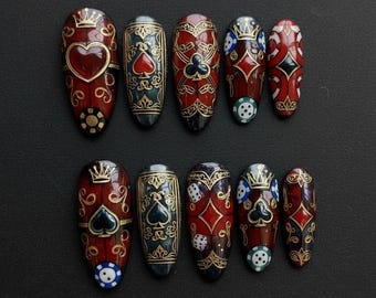 Casino Royal Press On Nails / Poker Card Nail Set / Queen Crown Heart Spade Nails / Luxury Vegas Style Nails / Gambling Theme