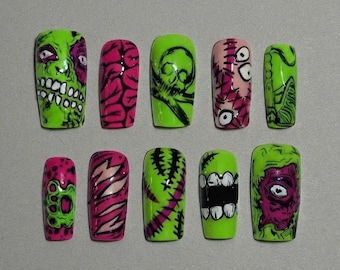 Handgemaakte zombie-horror nepnagels / Halloween zombie-nagels / Gore-geïnspireerde nagels / Horror nepnagels / Enge nagelset