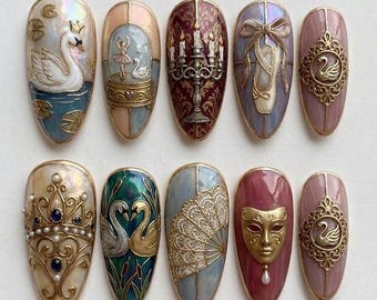 Vintage Swan Press On Nails / Ballet Swan Lake Nails / Baroque Royal Nail Art / Elegant Gold Frame Handmade Press On Nails