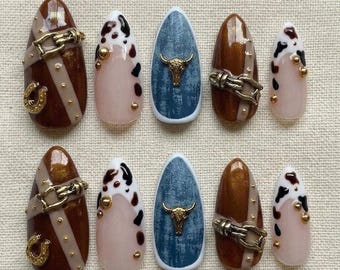 Western Press On Nails / Cowboy Nails / Cow Print Nails / Denim Nails / Bull Head Nails / Rodeo Nails / Country Style Handmade Nail Set