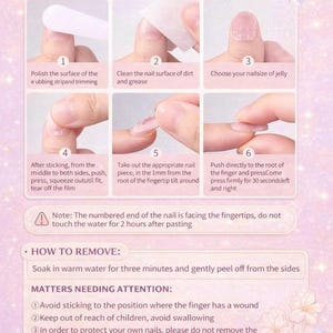 May include: A guide titled "HOW TO USE HANDMADE FAKE NAILS" with numbered steps. Instructions include polishing, cleaning, selecting jelly size, applying, and pressing. Additional text details removal and important considerations for use.