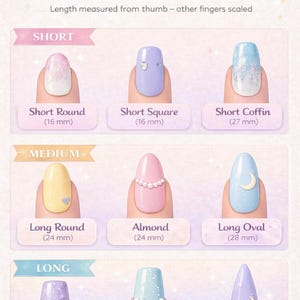 May include: A nail shape and length guide with the text "NAIL SHAPE LENGTH GUIDE". The guide shows examples of short, medium, and long nail shapes, including Short Round, Short Square, Short Coffin, Long Round, Almond, Long Oval, Long Square, Long Coffin, and Stiletto.