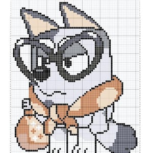 May include: A pixel art cross-stitch pattern of a cartoon dog wearing glasses and holding a brown and white object. The dog is gray, white, and brown.