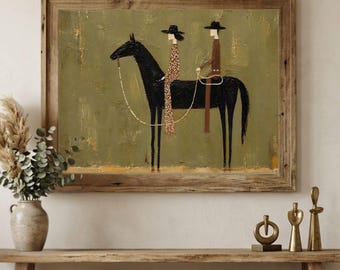 Modern Western Horse Wall Art Printable, Cowboy Abstract Painting, Large Olive Green Equestrian Art Print, Rustic Ranch Decor