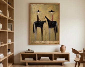 Modern Western Cowboys Wall Art Printable, Neutral Western Abstract Painting, Large Olive Green Equestrian Art Print, Rustic Ranch Decor