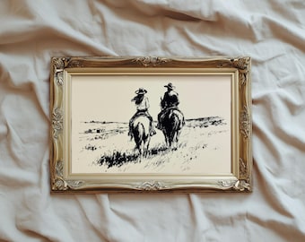Western Cowboy & Cowgirl Couple Line Art — Minimalist Vintage Ranch Wall Decor | Printable Romantic Wall Art for Bedroom or Living Room