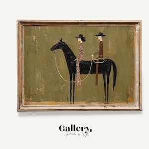 May include: Framed art print featuring a stylized depiction of two figures riding a black horse. The figures wear hats and are set against an olive green background. The artwork has a rustic, textured appearance, with the text "Gallery. Prints by SK" at the bottom.