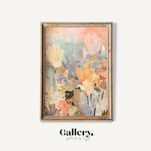 May include: A framed art print featuring an abstract coral reef design in shades of peach, gold, and teal. The artwork has a textured appearance and is set within a wooden frame. The print is signed "Gallery. Prints by SJ."