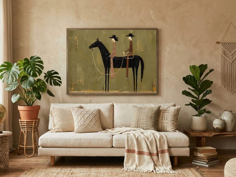 May include: A framed rectangular wall art piece featuring a stylized painting of two figures riding a black horse against a textured olive green background. The figures wear wide-brimmed hats, with one in a patterned dress and the other in a brown outfit.