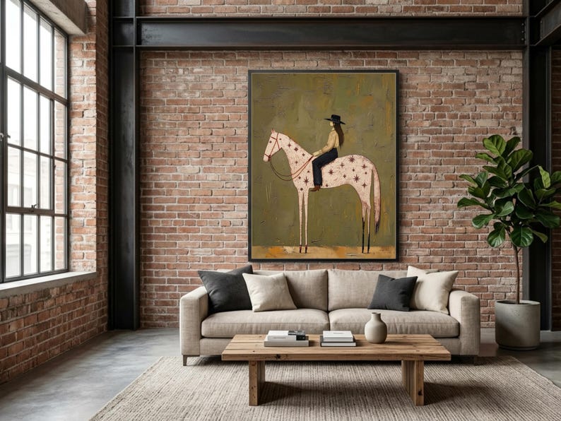 May include: A framed wall art print featuring a stylized illustration of a person wearing a black hat riding a light-colored horse with dark star patterns on its body, set against a muted olive green background with a textured paint effect.
