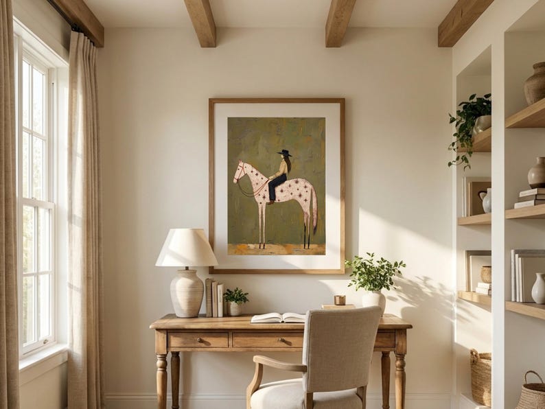 May include: A framed wall art print featuring a stylized illustration of a person wearing a black hat and dark clothing riding a light-colored horse with dark spots and star-shaped markings against a muted olive green background.