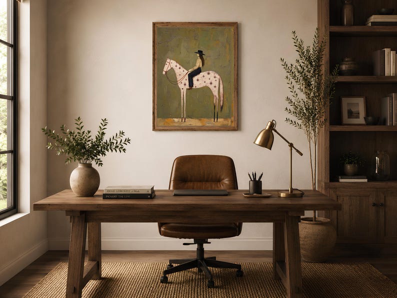 May include: A framed wall art print featuring a stylized illustration of a person wearing a hat riding a white horse with brown star markings against a muted olive green background. The artwork is displayed in a simple wooden frame.